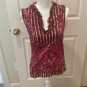 EUC TORY BURCH Fuchsia Swirled Notch Neck Sleeveless Blouse, Size 2